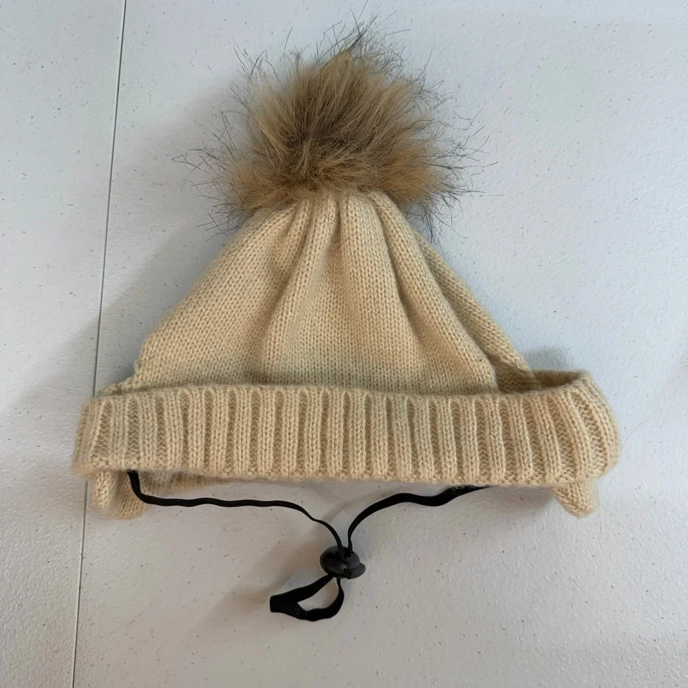 Dog tan ribbed adjustable pompom‎ winter beanie hat costume accessories pet S/M
